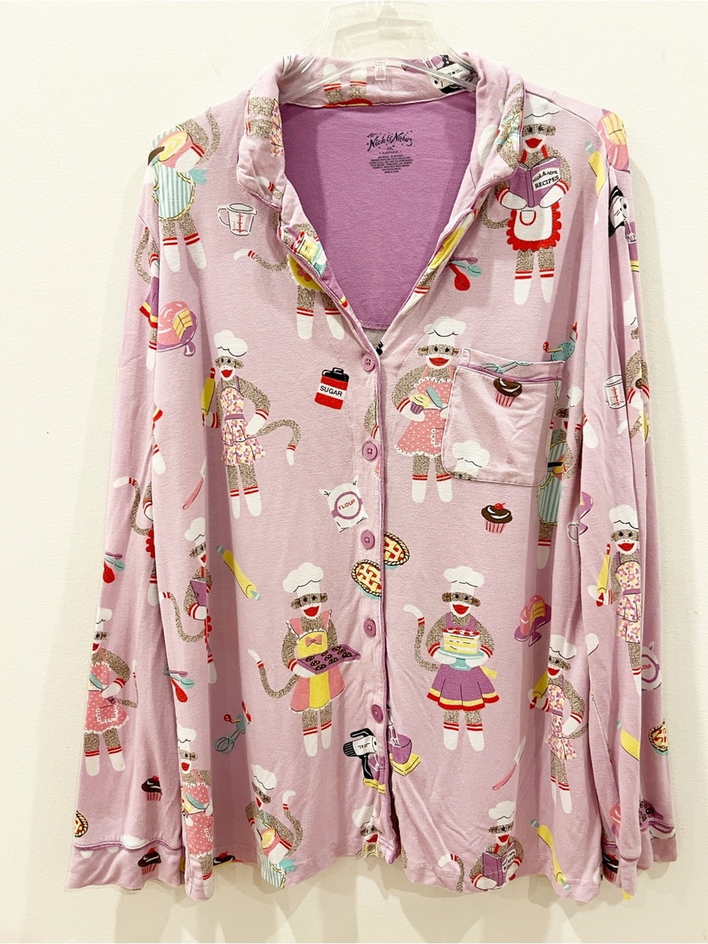 Nick Nora Pajama Top Shirt XXL 2XL Purple Sock Monkey Baking Novelty Long Sleeve